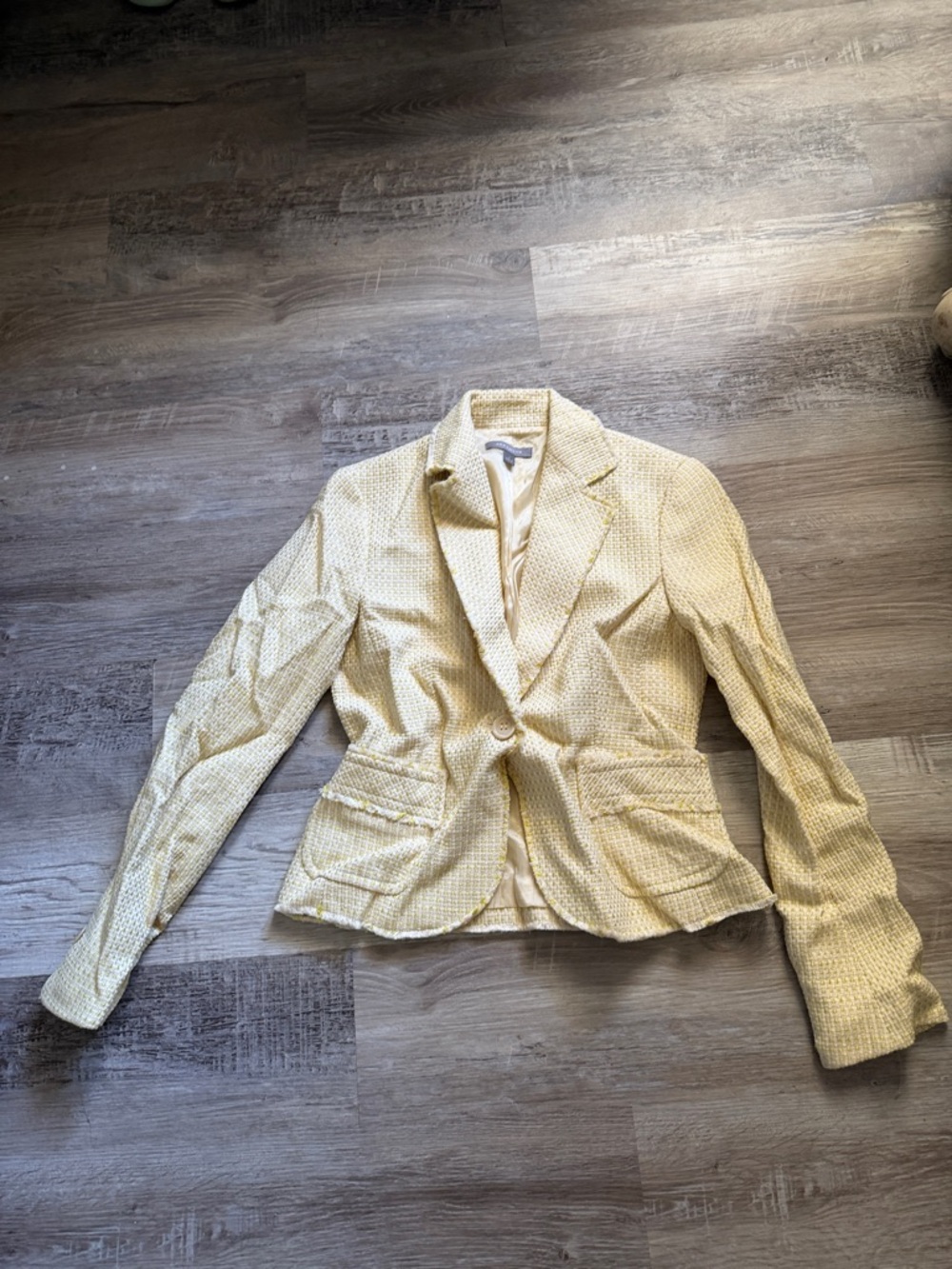 Ann Taylor Pale Yellow Tweed Fringe Trim Blazer